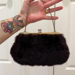 Vintage Ingber Mink Fur Kisslock Purse Evening Bag Brown Fur with Gold Hardware